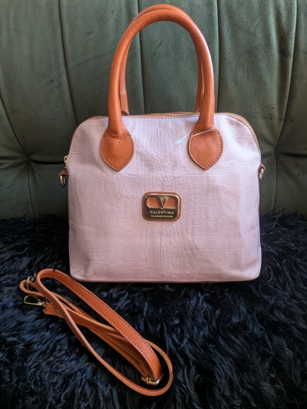 Valentina Italy Pink Croc Embossed Leather Satchel Crossbody Bag